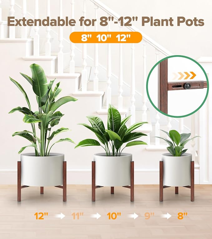 Plant Stand Indoor Adjustable, Metal Modern Indoor Plant Stand, Heavy Duty Plant Stands Outdoor Corner, Stable Plant Holder, Fits 8 to 12 Inches Pots, Black, 1 Pack, Walnut Wood-Grain