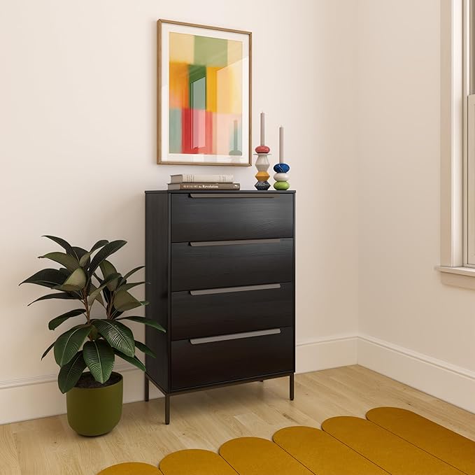 tinge Lira Premium Fabric Dresser - Solid Wooden Frame, 4 Spacious Sag-Proof Drawers with Sleek Metal Handles - Sleek & Durable Storage Solution for Your Home (Black)