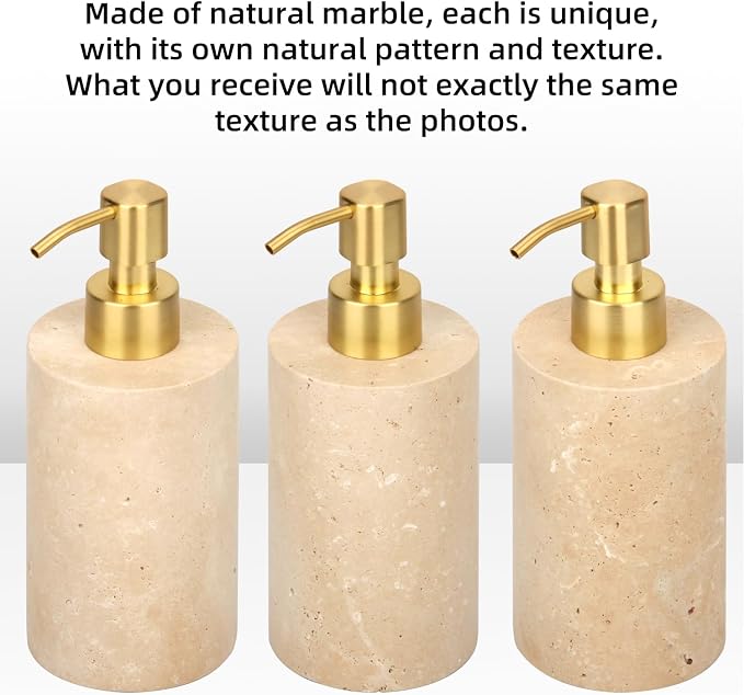 Natural Marble Soap Dispenser for Bathroom and Kitchen Countertop - 5.41 Ounces Hand Lotion and Liquid Stone Shampoo Laundry Bottle with Pump (1, Travertine, Cylindrical Bottle)
