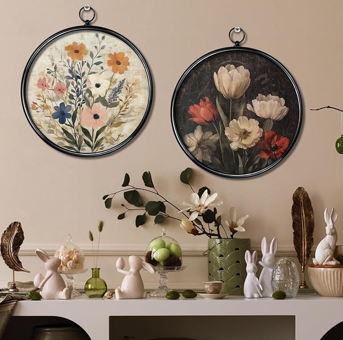 XIAOAIKA Round Vintage Wall Hanging Decor, Printed Textured Surface with Wood Back, Wildflower Design, Black Metal Frame, Ready to Hang for Living Room Bedroom, 10 Inch