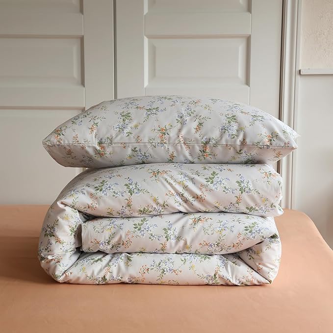 EAVD Vintage Style Garden Floral Duvet Cover Queen Soft Cotton Chic Shabby Floral Bedding Set with 2 Pillowcases Reversible Botanical Comforter Cover with Zipper Closure