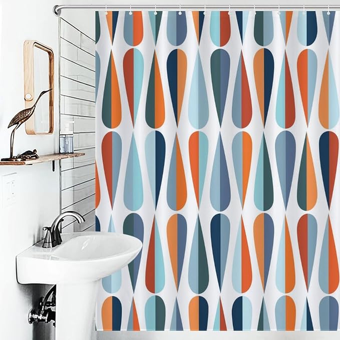 Mid Century Modern Shower Curtain,Abstract Geometric Drop Shapes Art Style Shower Curtains Set for Bathroom Fabric Decorative Bath Curtain Washable Curtain Hooks, 72x72”