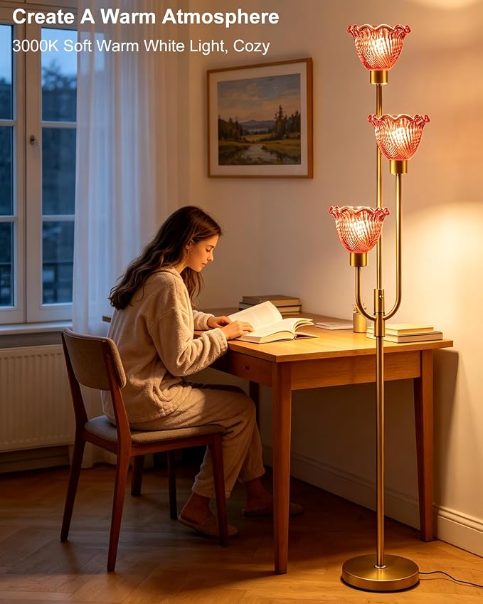 Lightdot 3-Lights Glass Floor Lamp 66IN Modern Gold Dimmable Floor Lamps with 3000K Warm White Bulbs for Wedding Party Tall Standing Lamp with Deep Red Glass Shade for Living Room/Bedroom/Home Decor