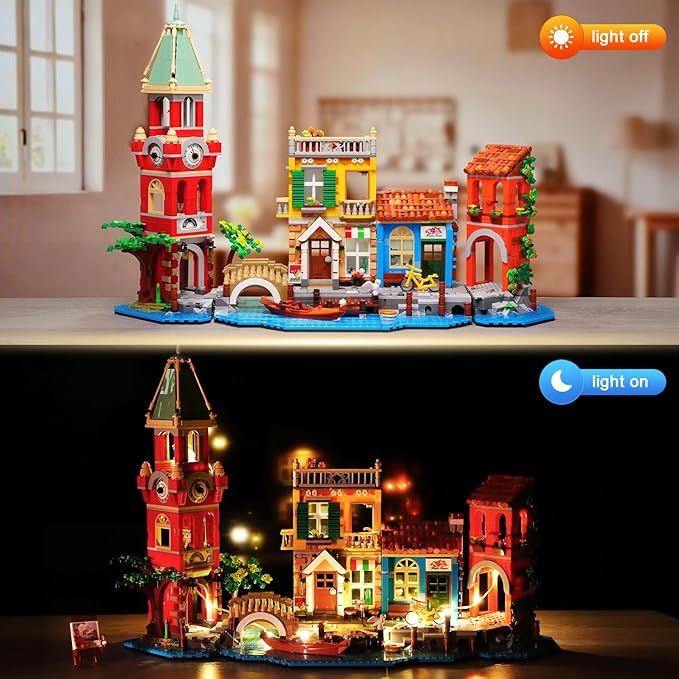 Venice Main Street Building Set for Adults, 2155 PCS City House Building Block Kit with Light Flower Shop Pizzeria, Christmas Home Decor Architecture Model Gift for Women Men Teen Girl 10+