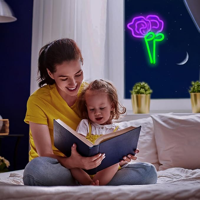 ENUOLI LED Neon Pink Rose Flower with Green Stem Wall Sign for Cool Light, Wall Art, Bedroom Decorations, Home Accessories, Party, and Holiday Decor Valentine's Day Present(Purple Rose)