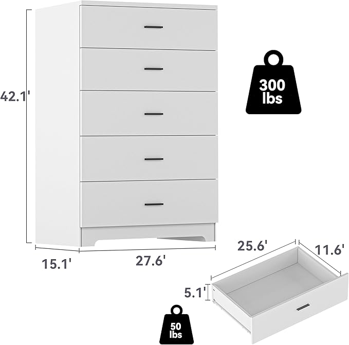 Dresser for Bedroom with Power Outlets Wood 5 Drawer Dresser with Large Storage Space White Chest of Drawers with Smooth Metal Rail Tall Storage Organizer for Bedroom Living Room Closet
