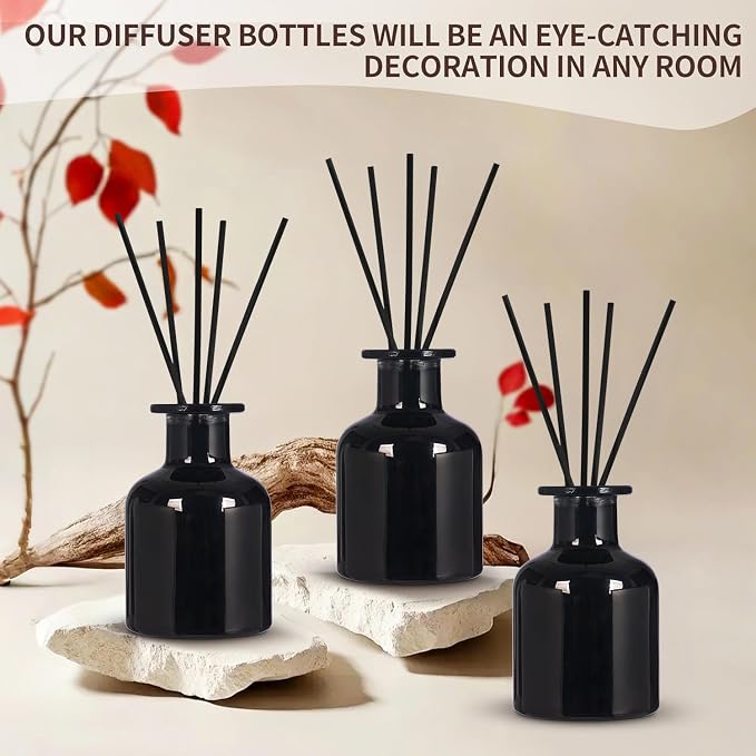 4 Pack Perfume Reed Diffuser Bottle,Empty Big Belly Aromatherapy Essential Oil Bottles Glass Jar with Black Sticks for DIY Fragrance Replacement Diffuser Sets (150ml/ 5 oz, Black Color)