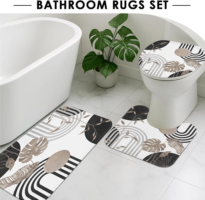 Boho Grey Shower Curtain Set with Toilet Lid Cover and Non-Slip Rugs, Abstract Leaf Minimalist Neutral 4 Pcs Modern Minimalist Vintage Shower Curtain for Bathroom Set with 12 Hooks
