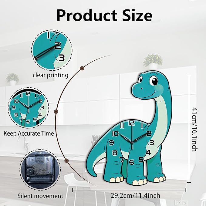 Dinosaurs Wall Clock Irregular Shape Decorative Wall Clock Brontosaurus Diplodocus Non-Ticking Clock for Home Office Decoration, 16.14×11.49 inch