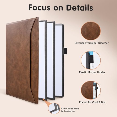 CoBak Portable Whiteboard - 6-Sided A4 Dry Erase Board with Pocket & 3 Markers | Anti-Ghosting Surface, Gift Box Included (Brown)