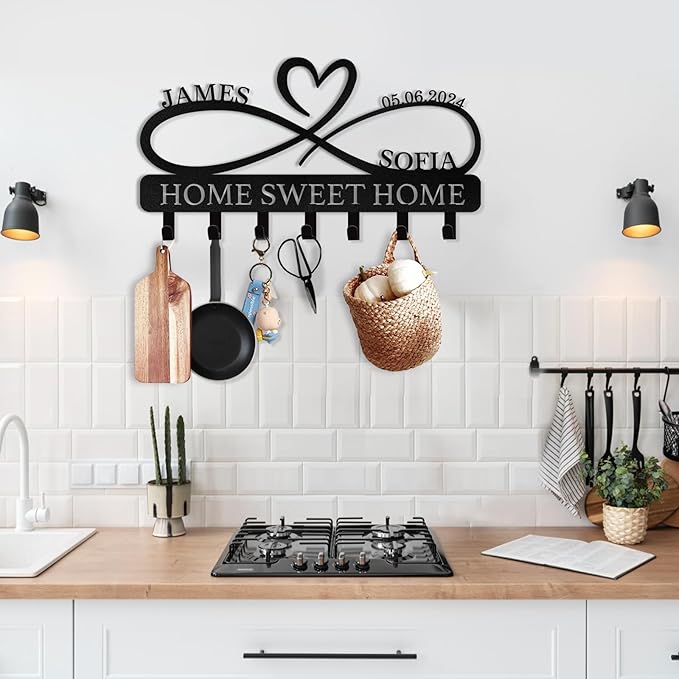 Personalized Metal Couple's Name Key Rack Coat Rack | Wedding Couple Gifts | Custom Wall Mount Key Holder for Kitchen Bedroom Hallway