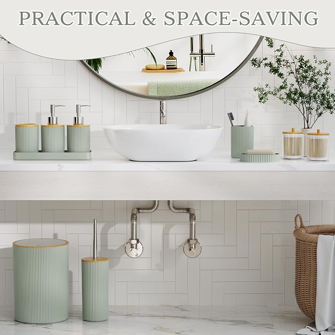 10PC Bathroom Accessories Set - Sage Green Bathroom Sets, Bathroom Accessory Set with Pop Up Trash Can, Toilet Brush, Trash Can, Qtip Holder & Soap Dispenser