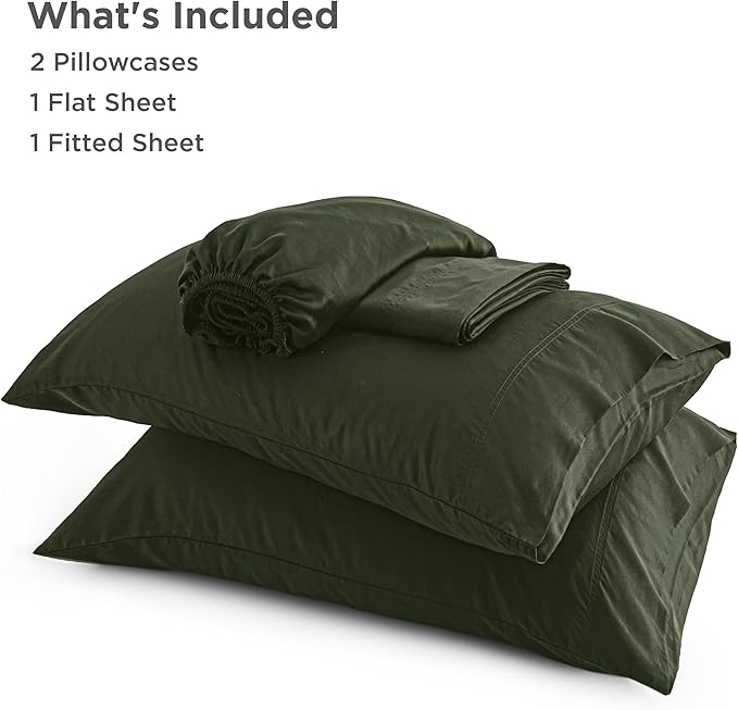 Bedsure Queen Sheet Set, Rayon Derived from Bamboo, Cooling Sheets, Breathable & Soft, Deep Pocket Up to 16 Inches, Hotel Luxury Silky Bedding for Hot Sleepers, Olive Green
