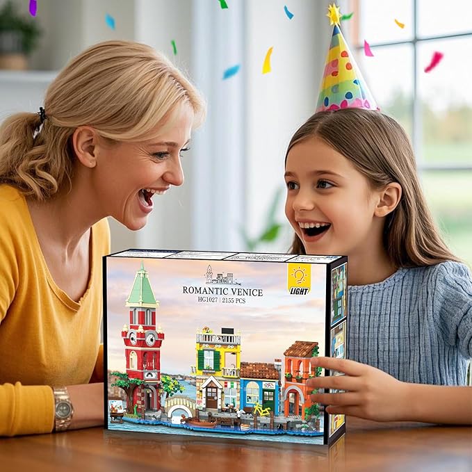 Venice Main Street Building Set for Adults, 2155 PCS City House Building Block Kit with Light Flower Shop Pizzeria, Christmas Home Decor Architecture Model Gift for Women Men Teen Girl 10+