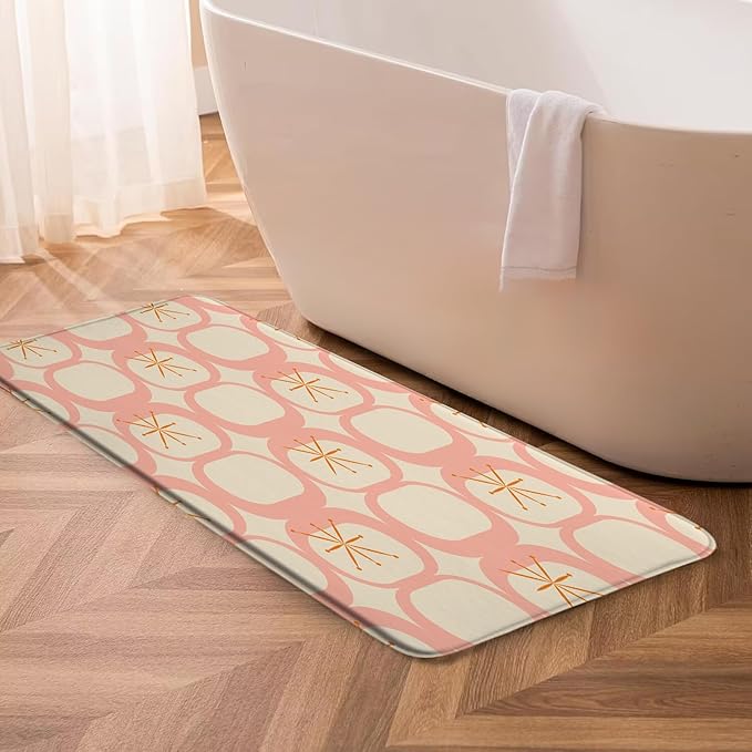 Mid Century Modern Bath Mat Abstract Atomic Geometric Retro 1950s Pink Bathroom Kitchen Toilet Rugs,24x60 Inch