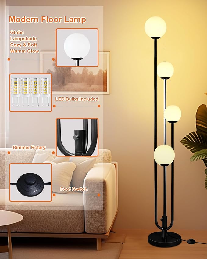 Lightdot Black Globe Floor Lamp 4-Lights Dimmable Floor Lamps with Tray 3000K Bulbs Included Unique Candle Mid Century Tall Standing Lamp with 5Lbs Heavy Base for Living Room/Bedroom/Sofa Beside