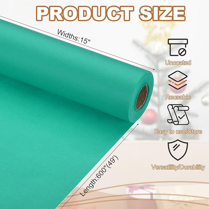 PATIKIL Wrapping Paper, 15" x 600"(49') 70 GSM Craft Paper Roll Kraft Packing Paper for Poster Bulletin Board, Gift Wrapping, Grass Green