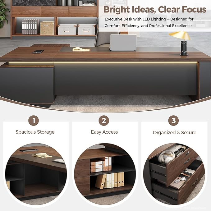 L-Shaped Executive Desk with LED Lights, Lockable Storage & 3-in-1 Charging Station, Reversible Cabinet, Modern Wood Office Desk for CEO, Manager & Home Office(Red Walnut+Black, 79"L*63"W*30"H)