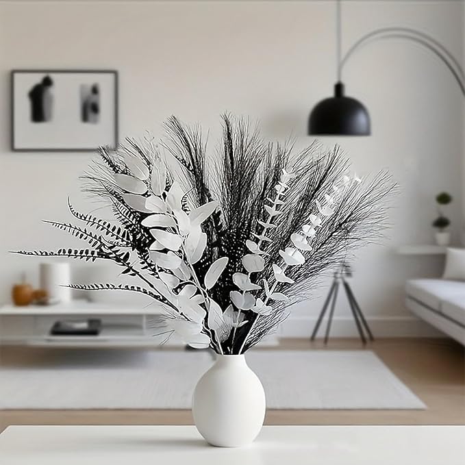 Black and white artificial bouquet in minimalist Nordic style, featuring artificial eucalyptus leaves and pampas grass for home decor, perfect as a centerpiece for hotel desks or dining tables.