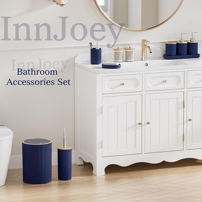 10PC Bathroom Accessories Set - Navy Blue and Wooden Bathroom Sets, Bathroom Accessory Set with Pop Up Trash Can, Toilet Brush, Trash Can, Qtip Holder & Soap Dispenser