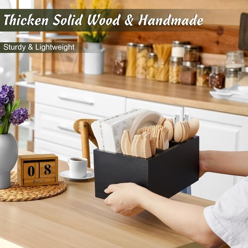 DRASTAR Silverware Caddy - Wooden Utensil Holder for Picnics & Parties | Black Plastic Design