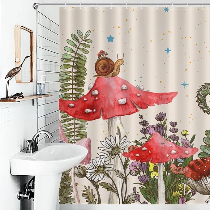 Mushroom Shower Curtain, Wild Floral Botanical Moon Star Daisy Cottagecore Nature Botanical Plants Herbs Farmhouse Waterproof Fabric Bathroom Shower Curtain Set with Hooks, 72"x84" Inch