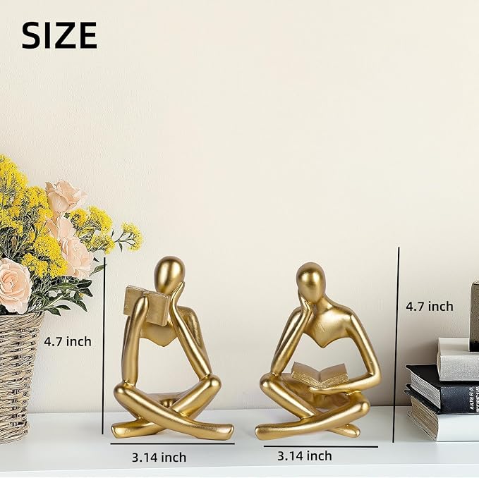 Prettidecor Thinker Statue Set of 2, Abstract Art Reading Sculpture Figurine, Modern Aesthetic Home Decoration for Living Room Bedroom Office Shelves Coffee Table Desk Bookshelf Decor (Gold)