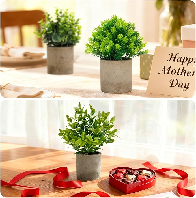 Artificial Potted Plants Set of 5, Realistic Faux Greenery in Cement Pots for Home Office Desk Bookshelf Decor, Small Fake Plants for Indoor Tabletop Decoration