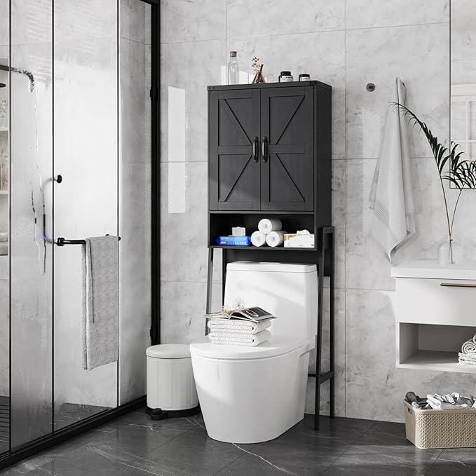 Vabches Over The Toilet Storage Cabinet with 2-Door Design Bathroom Organizers and Storage with Anti-Tip Device Over Toilet Organizer with Shelves for Bathroom,Restroom,Laundry Black