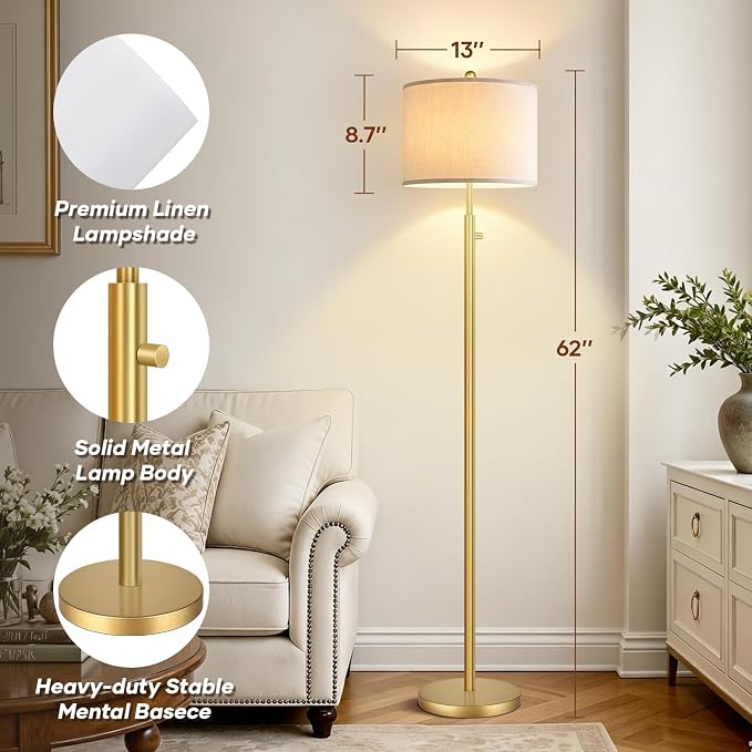 Nintiue 【Upgraded】 Dimmable Floor Lamp for Living Room, 11W LED Bulb Included, Modern Standing Lamp, Tall Pole Light with Linen Shade for Bedroom Reading Office Corner Nursery-Gold
