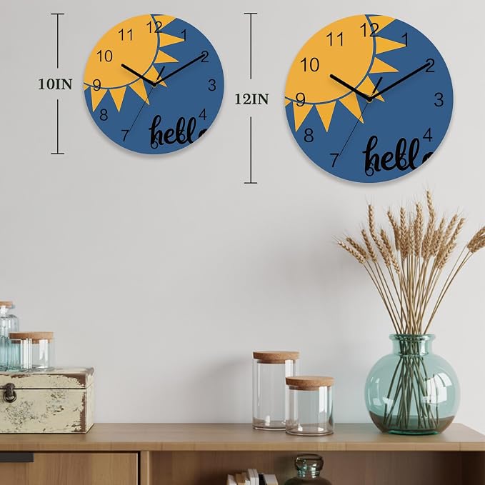 Sunburst Rays Wall Clock Battery Operated Non-Ticking 12" Round Wood Clocks, Mustard Yellow Slate Blue Kitchen Wall Clock for School Bathroom Living Room Home Office Wall Decor