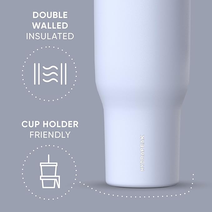 Hydrapeak Voyager 40 Oz Stainless Steel Tumbler with Handle, Insulated Water Bottle With Straw & Lid, Cupholder Friendly Reusable Travel Mug (Iceberg)