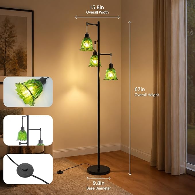 Green Glass Flower Floor Lamp,3 Light Tree Standing Lamp for Living Room Bedroom,Mid Century Modern Tall Floor Lamps Vintage Retro Boho Bohemian Home Office Decor Lamp Shade-Black