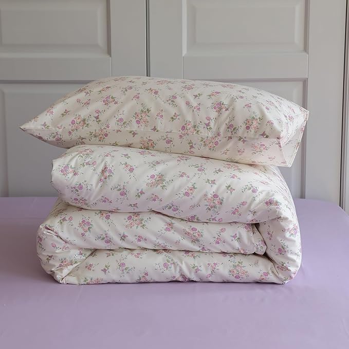 EAVD Garden Purple Pink Floral Duvet Cover Full Soft Cotton Chic Shabby Cute Floral Pattern Bedding Set with 2 Pillowcases Reversible Botanical Floral Comforter Cover with Zipper Closure