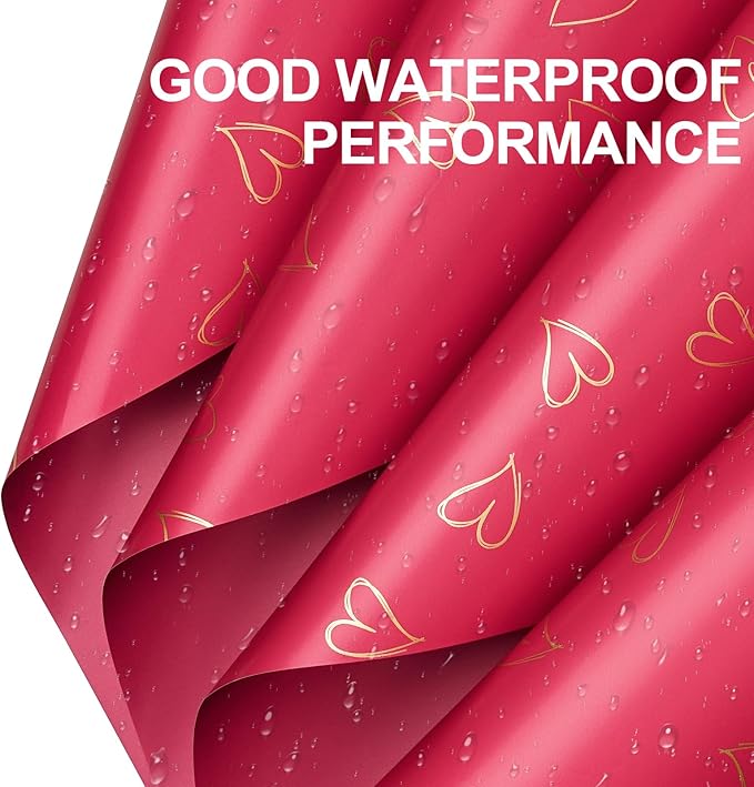 WRAPAHOLIC 20 Sheets Flower Wrapping Paper - 22.8 x 22.8 inch Red Love Design Water-Resistant Floral Bouquet Wrapping Paper, Florist Supplies Packaging for Wedding Birthday Gift DIY