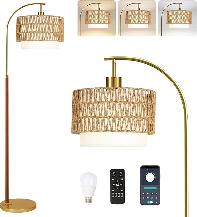 ZECOXOL Boho Floor Lamps for Living Room Wood Floor Lamp with Remote Control,Dimmable Rattan Floor Lamps Farmhouse Gold Standing Lamp with 3 Color Temperature Tall Arc Floor Lamp for Bedroom Corner