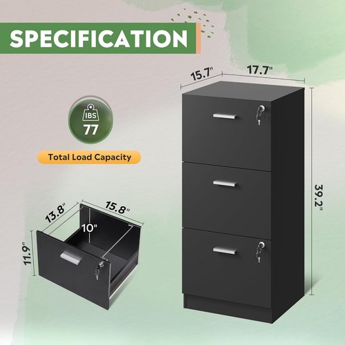 DEVAISE 3 Drawer File Cabinet - Lockable Vertical Wood Filing Cabinet for Home Office - Black