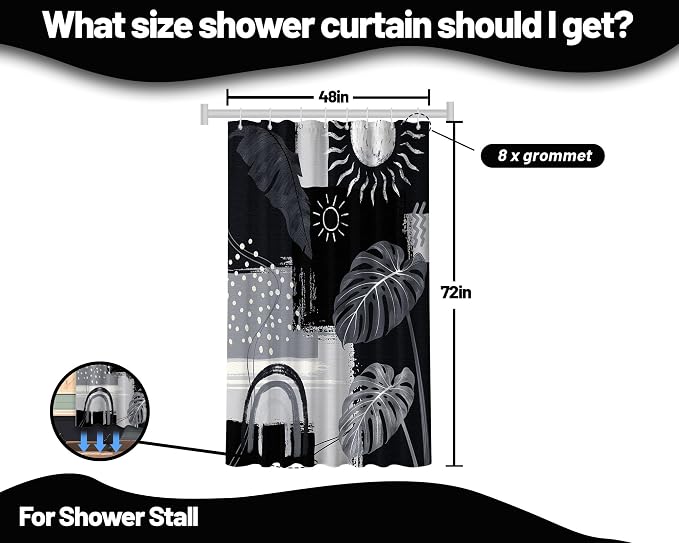 Small Stall Narrow Shower Curtain Black and Gray Stand Up Dark Black and Grey Abstract Shower Curtains for Rv Camper Bathroom Decor Sets, Waterproof Cloth Fabric with Hooks, 48 x 72 Inch