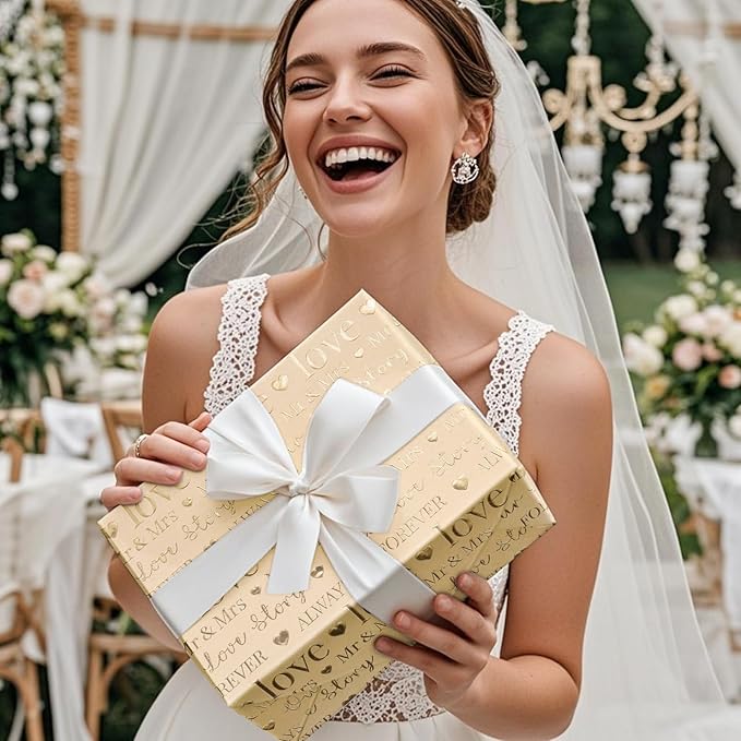RUSPEPA Brown Wedding Wrapping Paper, Mini Roll, Luxury Gold Foil LOVE Design, Perfect for Wedding, Bridal Shower, Anniversary, 17 Inches x 16.5 Feet