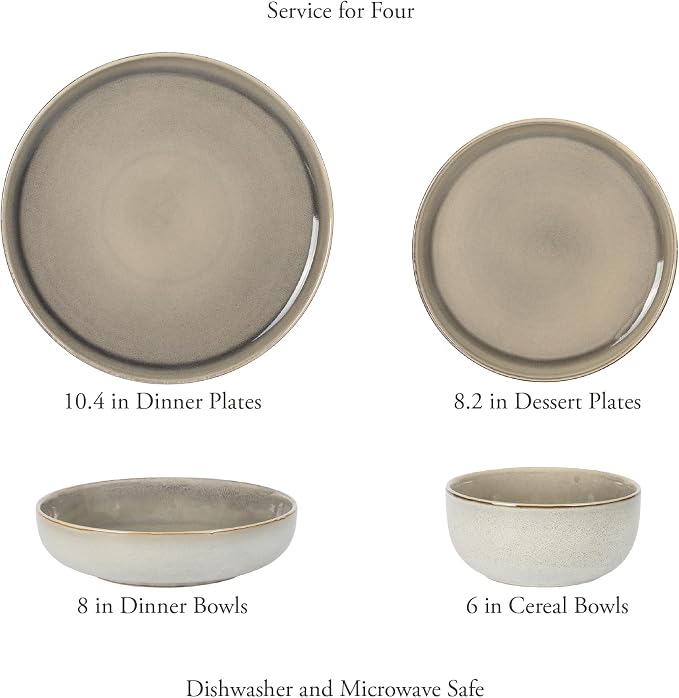 Gibson Elite Sunveil 16 Piece (Service for 4) Plates and Bowls Reactive Glaze Round Dishes Stoneware Ceramic Dinnerware Set - Light Taupe