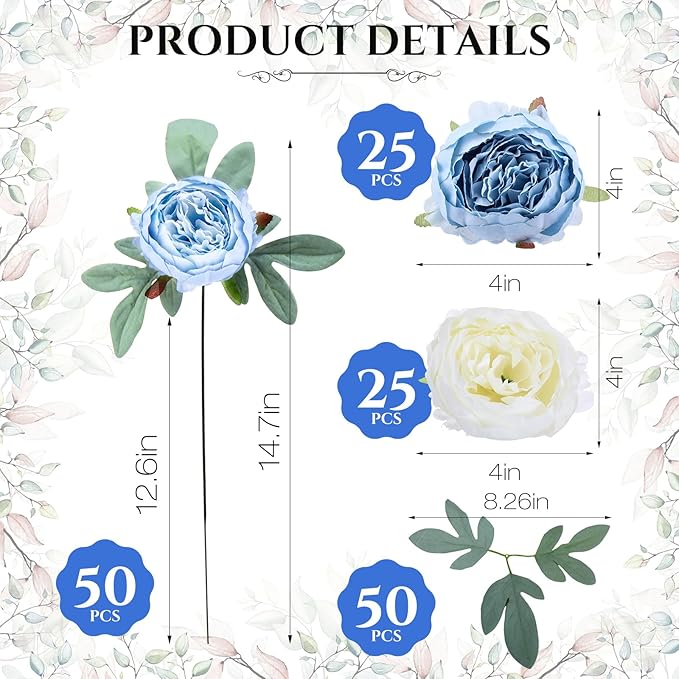 Zeyune 50Pcs Wedding Artificial Peonies 4 Inch Fake Silk Peony Faux Artificial Valentine Flower Bulk Rose Flower Head for Valentine Decoration Vintage Wedding Home Office(Blue and White)
