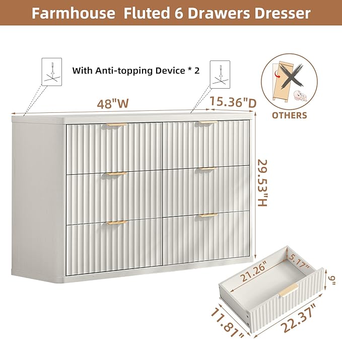 LEYAOYAO Fluted 6 Drawers Dresser Set of 2, 48" Wide Modern Chest of Drawers with Wood Grain Top, Curved Profile Design, Dresser TV Stand, Wooden Drawer Organizer for Bedroom, Living Room, White