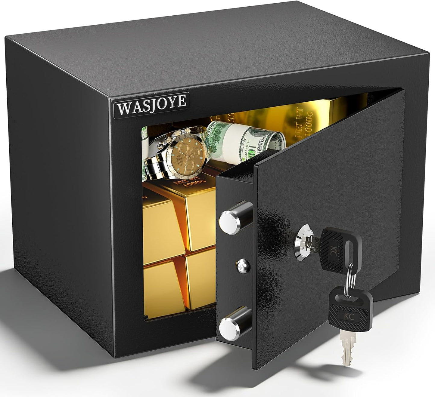 WASJOYE Small Home Safe Box - High-Security Key Lock Steel Safe | 0.23 Cubic Feet for Cash, Jewelry, and Documents