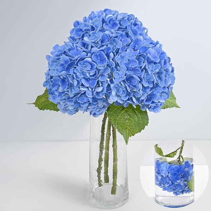 MARTINE MALL 3Pcs 21in Hydrangea Artificial Flowers, Latex Real Touch Hydrangeas Lifelike Large Hydrangea Flowers for Home Decor Party Arrangements Wedding Bouquets Centerpieces (Dark Blue)