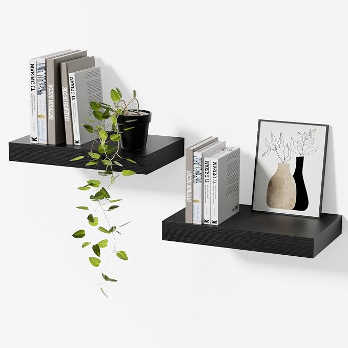 Black Floating Shelves for Wall Set of 2, 11.8 Inch Small Wall Shelves for Bathroom Over Toilet, Home Office & Bedroom Storage, Wall Mounted Display Shelves for Decor, Books & Collectibles