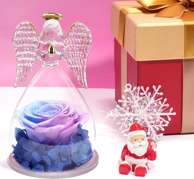 Yamonic Gifts for Mom Birthday,Angel Figurines with Real Rose Gifts for Her Mom Grandma,Preserved Flower Rose for Valentines Day Mothers Day Christmas Anniversary Birthday Gifts for Women(Blue-purple)