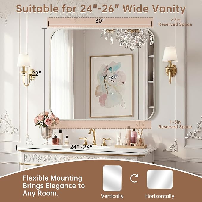 Brushed Nickel Mirror, 22"x30" Rectangle Bathroom Mirror, Metal Frame Rectangle Corner Vanity Mirror, Wall Mounted Mirror for Modern, Living Room, Bedroom, Horizontal Or Vertical