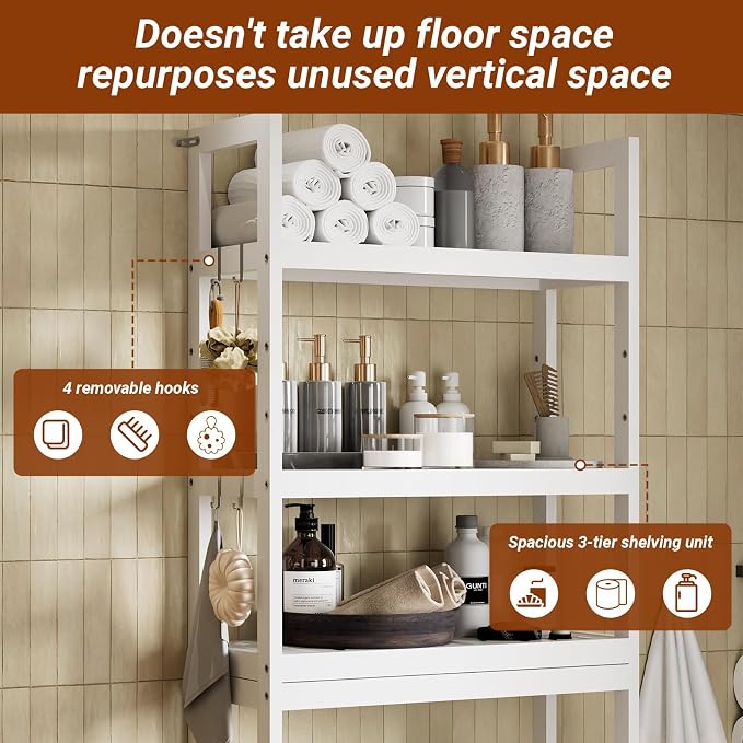 Over the Toilet Storage Cabinet, 3 Tier Over Toilet Bathroom Organizer with Adjustable Shelves and Hooks, Freestanding Wood Bathroom Shelves Over Toilet for Space Saver (White)