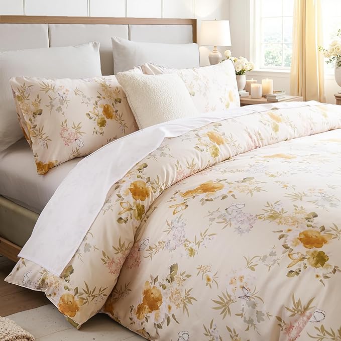 100% Cotton Duvet Cover Queen Size – Elegent Yellow Floral Duvet Cover Set with Zipper Closure & Corner Ties, 3-Piece Luxury & Silky Soft Bedding Set for All Seasons