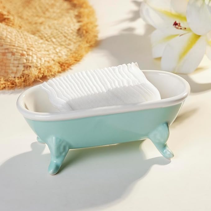 6.7" Ceramic Mini Clawfoot Bathtub Bar Soap Dish, Decorative Bar Soap Holder, Soap Tray Sponge Holder for Shower, Bathroom & Kitchen Sink (Bright Teal)